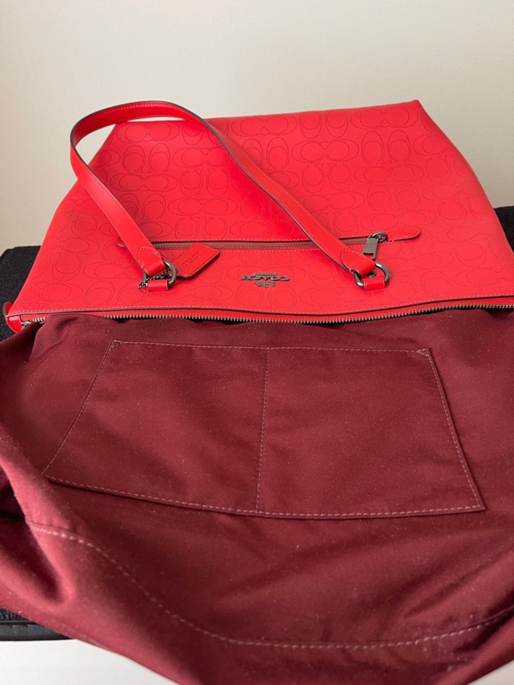 Coach Red Embossed Logo Tote with Front Zip Pocket - Picture 5 of 10